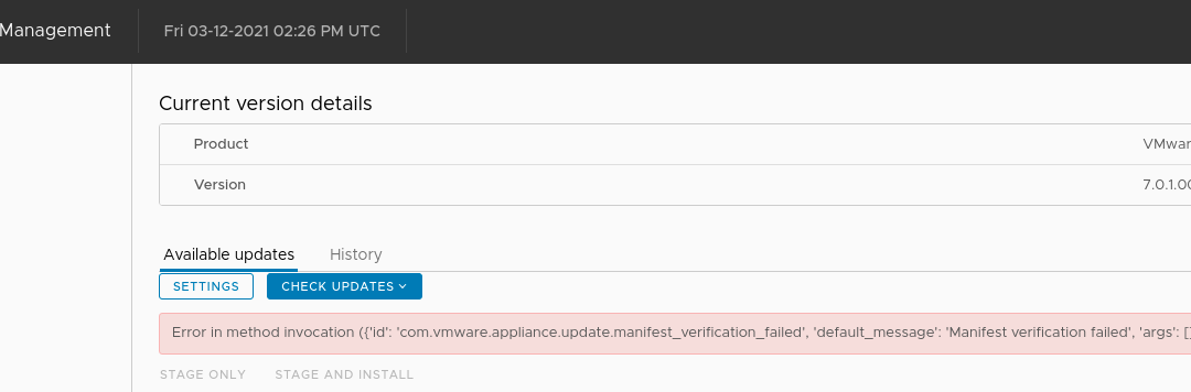 VCSA 7 U1 available updates error