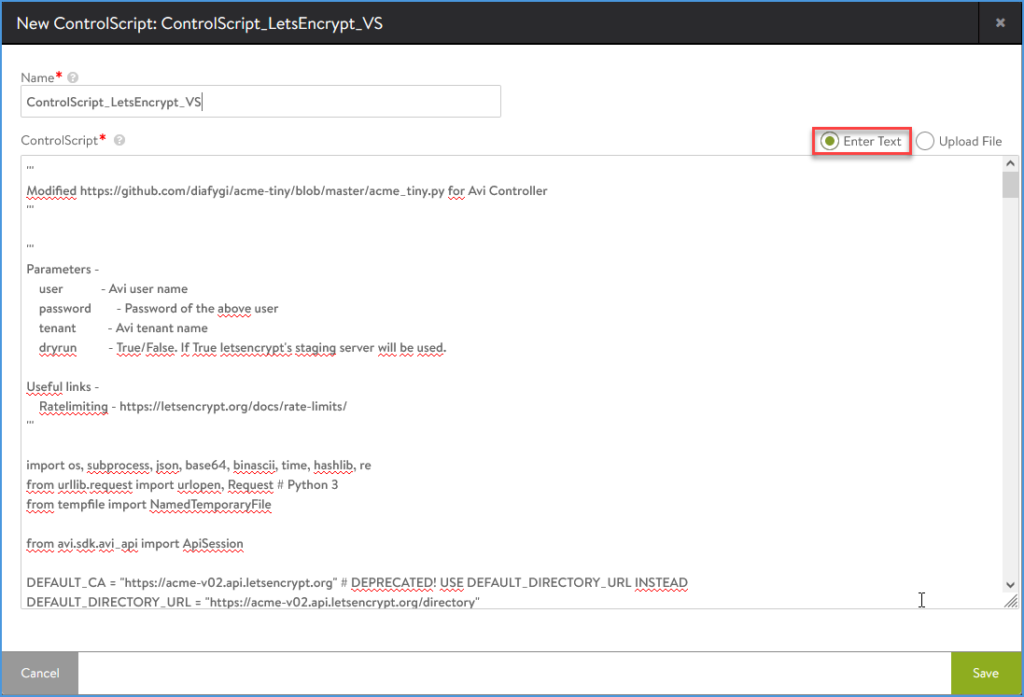 Upload a text based ControlScript to NSX Advanced Load Balancer